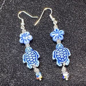 Blue Turtle/Flower Silver Wire Wrap Dangle Earrings